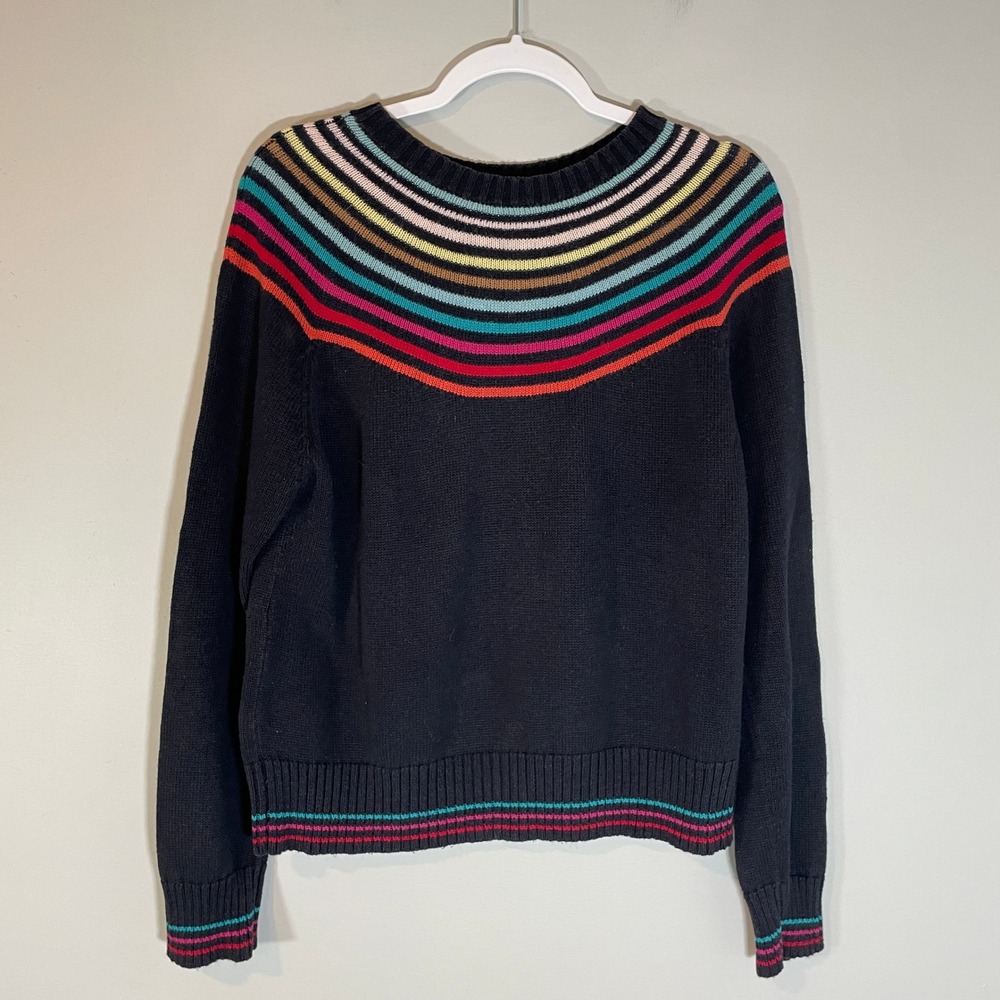 VTG Tiara International Rainbow Stripe Yoke Knit Sweater Black Medium Retro 90s